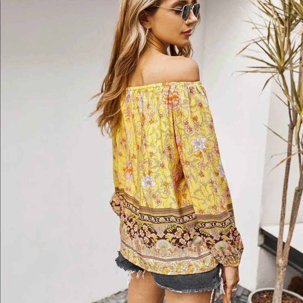 Boho floral print off shoulder blouse- Yellow - Picture 2 of 12
